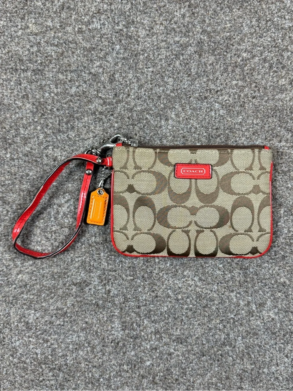 Coach‎ Canvas Signature Monogram Wristlet Zip Wallet Red Patent Leather Trim Y2K